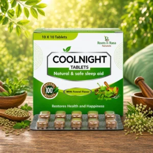 CoolNight Tabs – natural sleep support tablets with Melatonin, Chamomile and Magnesium for deep sleep and night-time relaxation by Roots n Rasa